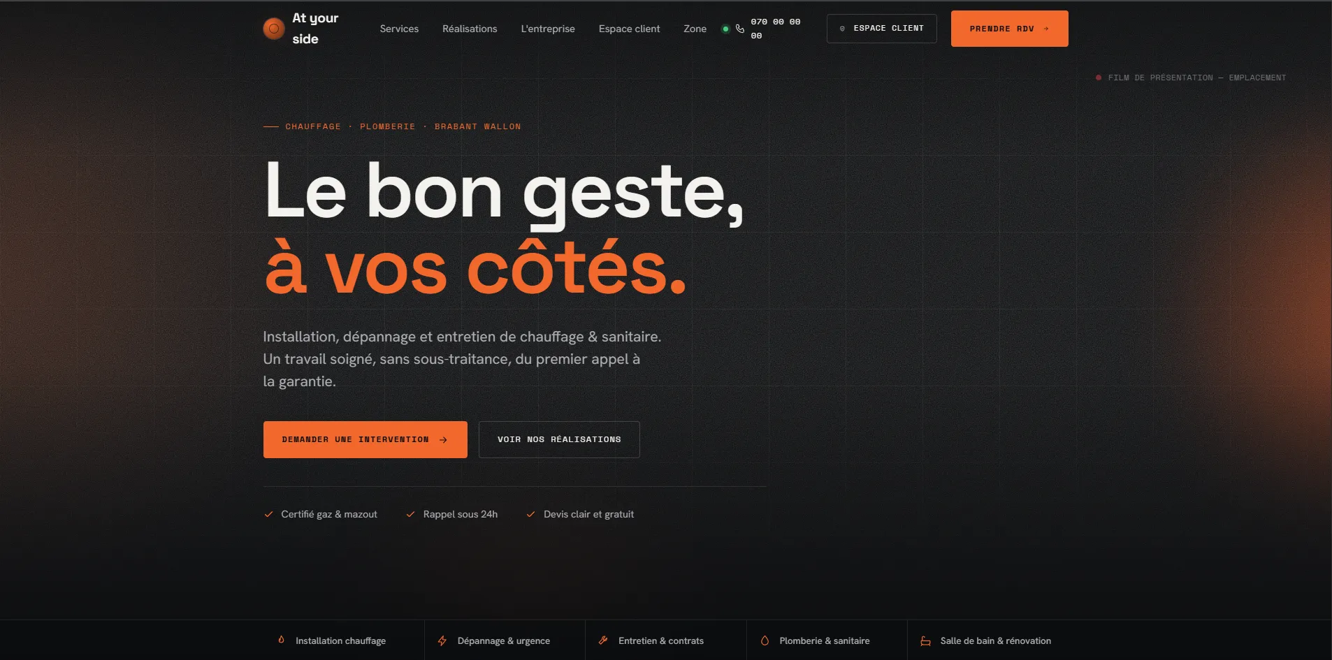 Page d'accueil du site At your side, chauffagiste en Brabant wallon